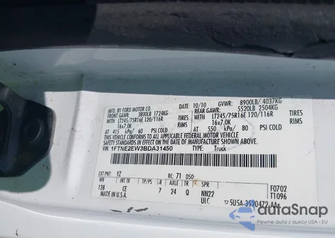 2011 Ford E-250 Commercial z USA, uszkodzony, nr VIN 1FTNE2EW3BDA31450